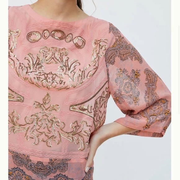 Elegant {Anthro} Beaded <Ignacia> Blouse | Sheer Pink Orange Sequin Top | Small - Picture 15 of 16